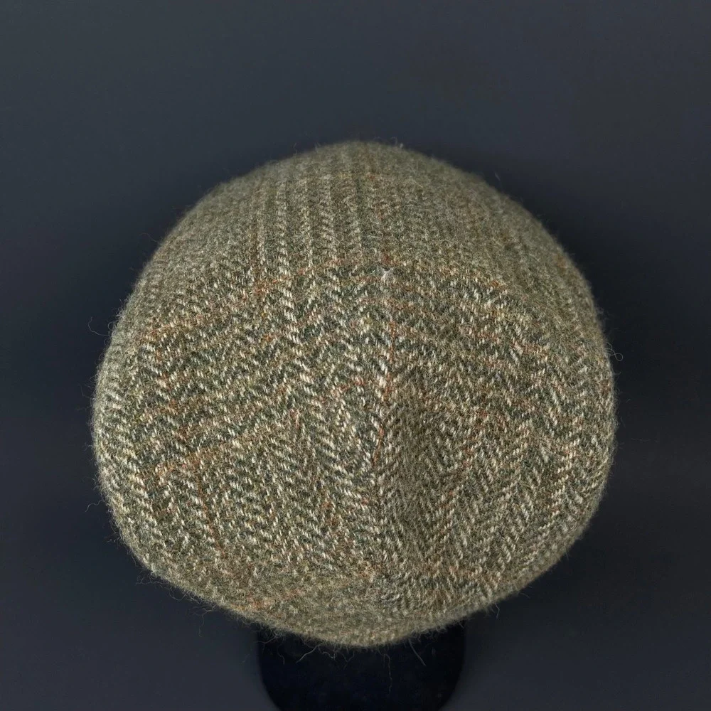 Vintage Hanna Hats Donegal Tweed Flat Cap Men M Green Herringbone Wool Ireland
